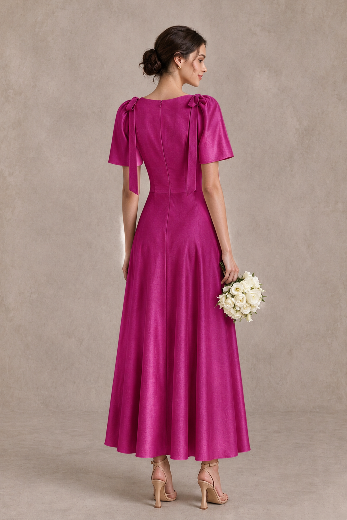 BOLODOO Fuchsia V-Neck Short Sleeve Satin-Look Bridesmaid Dress with Shoulder Bows - Fuchsia - Fuchsia_2