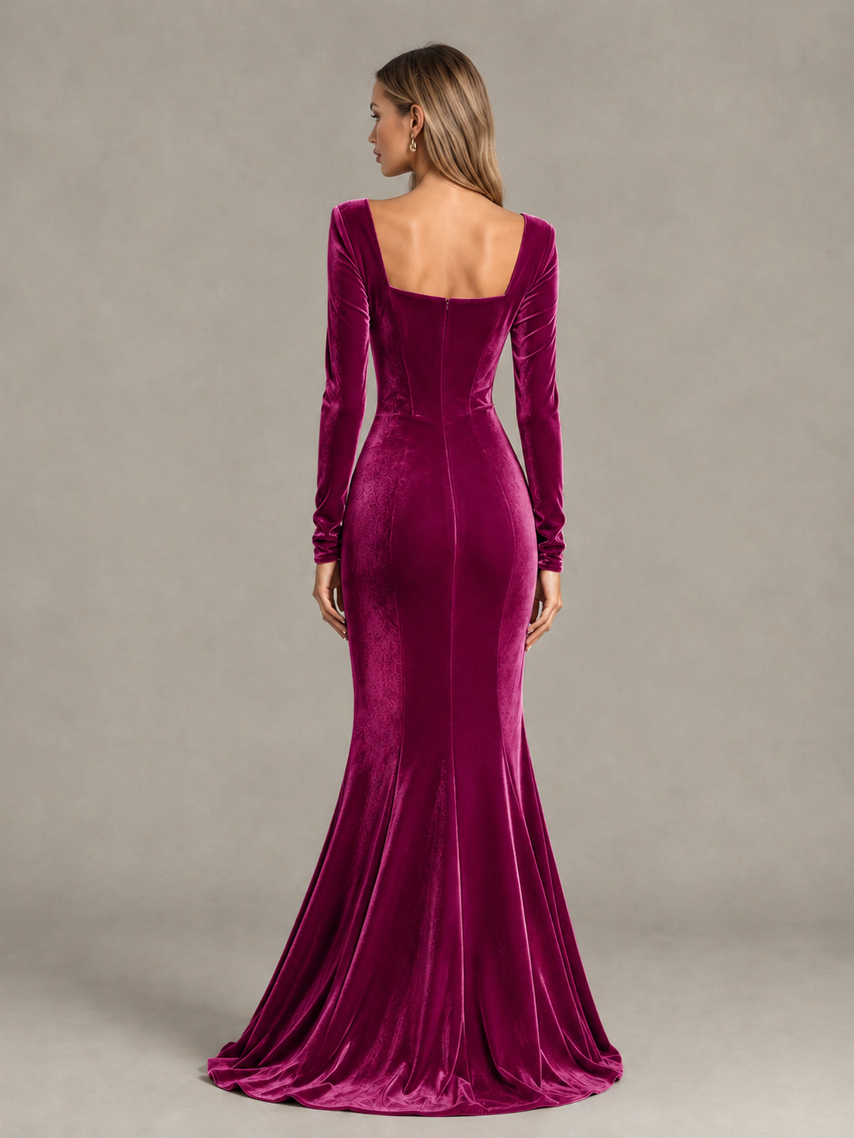 BOLODOO Fuchsia Velvet-Look Square Neck Long Sleeve Mermaid Evening Dress - Fuchsia - Fuchsia_2