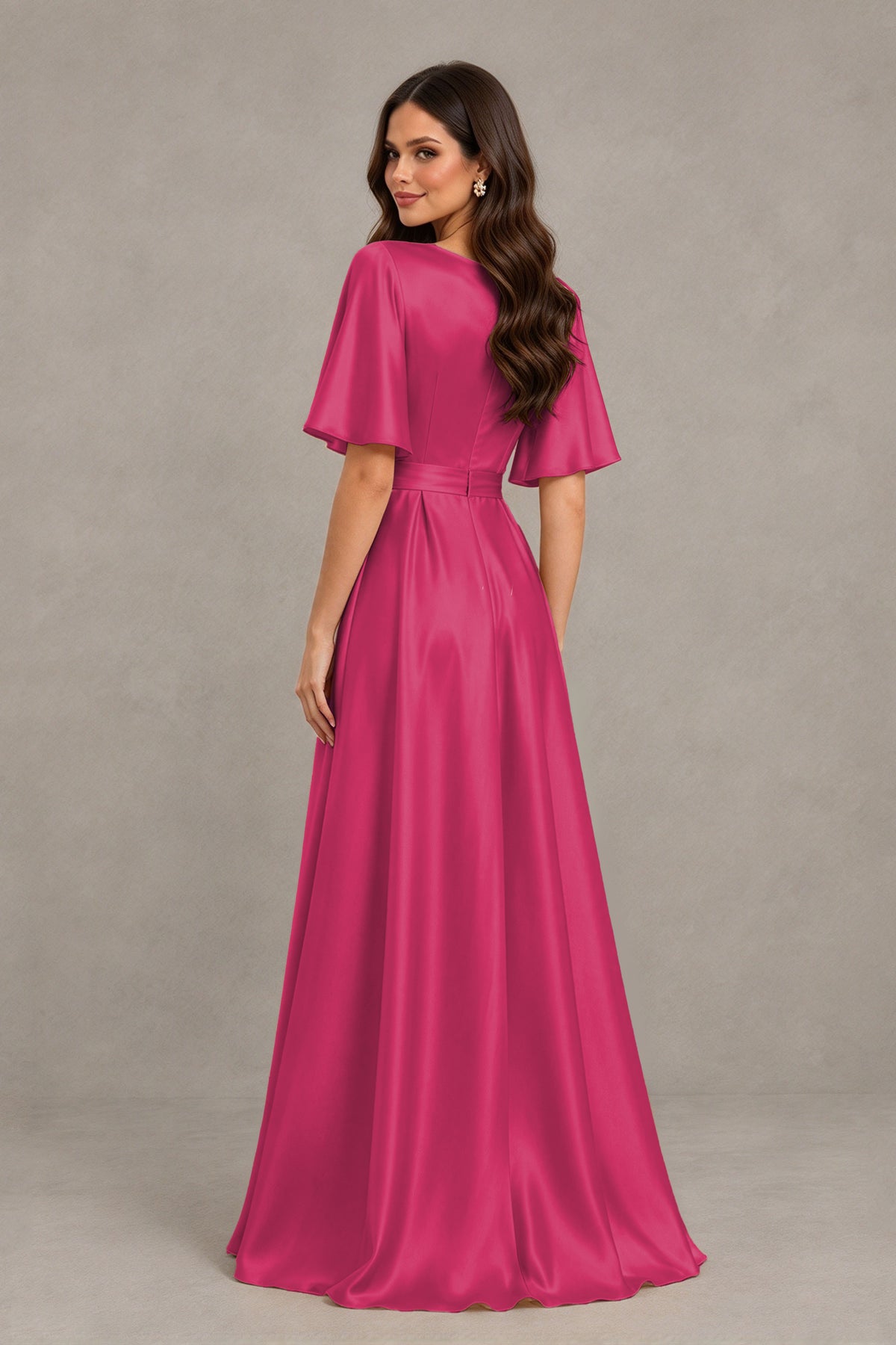 BOLODOO Fuchsia Satin V-Neck Flutter Sleeve Bridesmaid Dress with Slit - Fuchsia - Fuchsia(2)