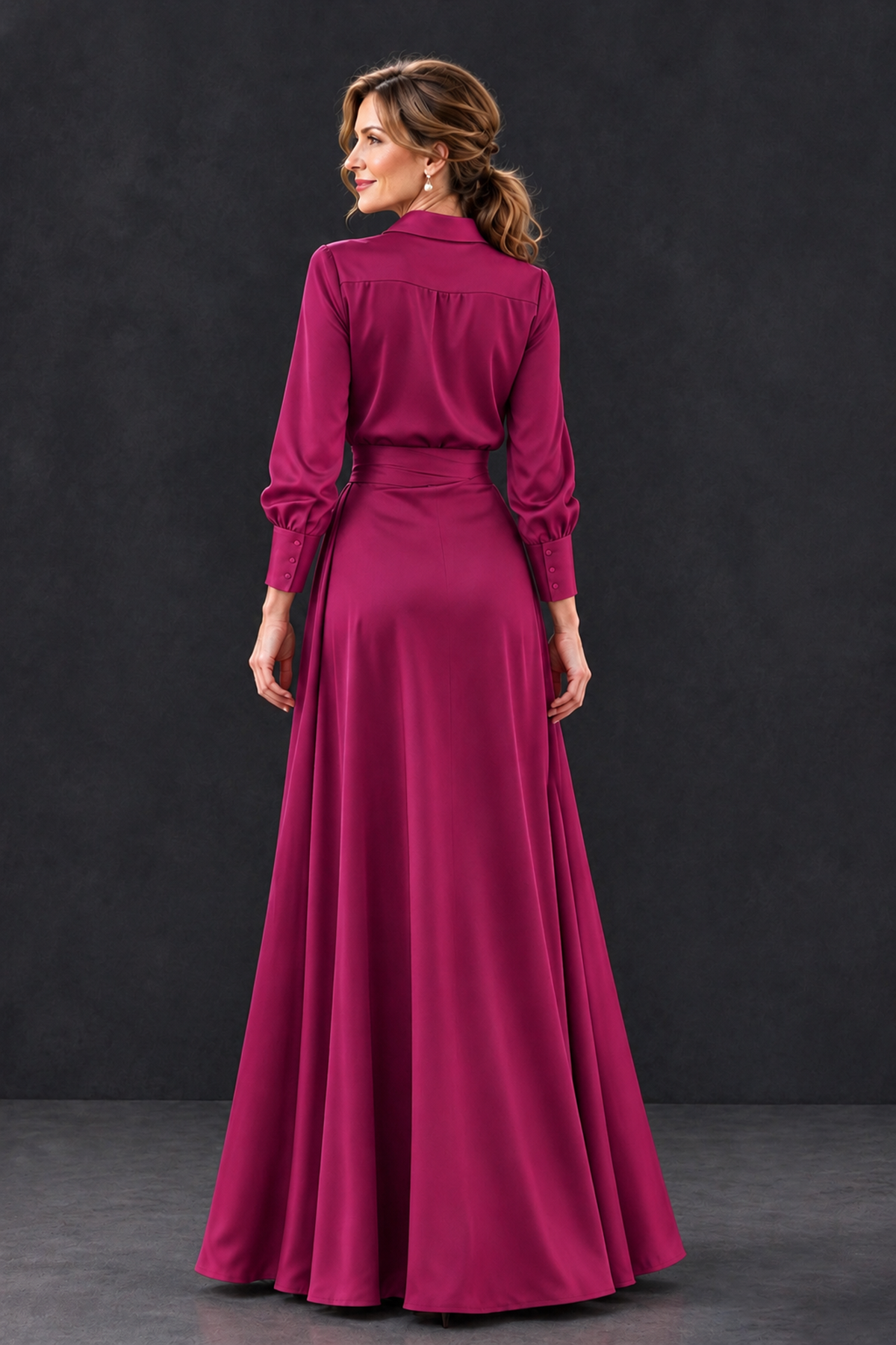 BOLODOO Fuchsia Long Sleeve Satin-Look Lace Panel Gown - Fuchsia - Fuchsia_2