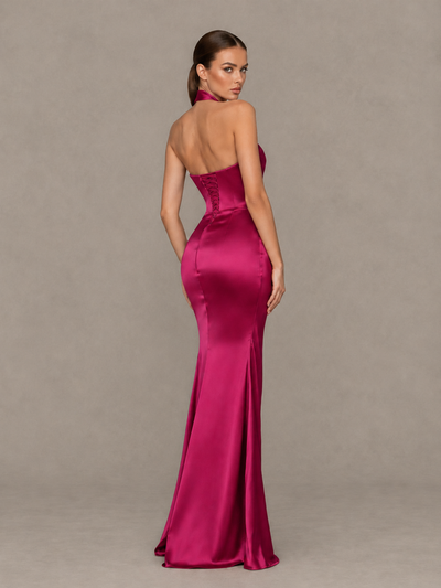 BOLODOO Fuchsia Cross-Halter Ruched Satin-Look Evening Gown with High Slit - Fuchsia - Fuchsia_2
