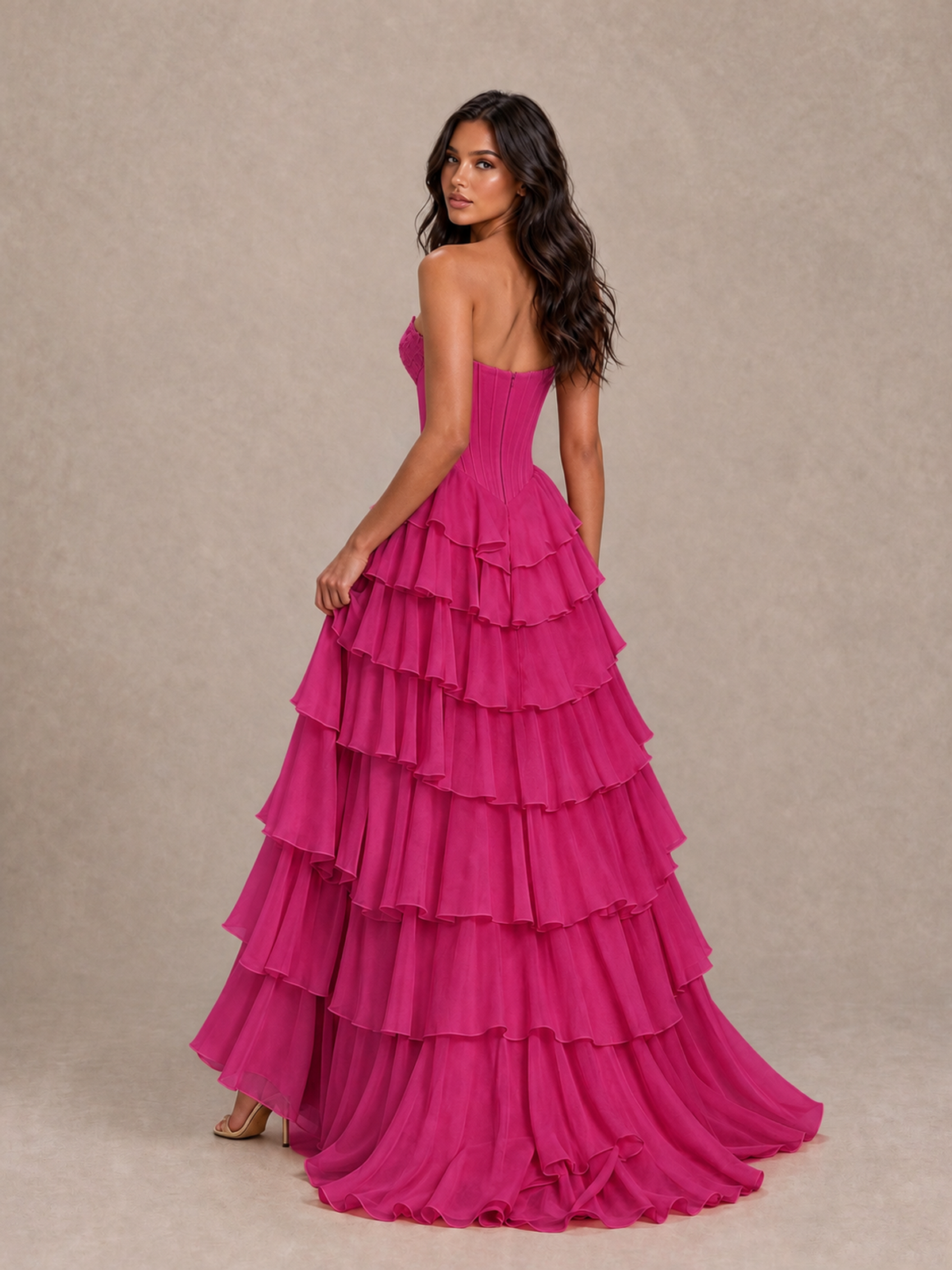 BOLODOO Fuchsia Strapless Corset Tiered Ruffle Prom Dress with High Slit - Fuchsia - Fuchsia_2