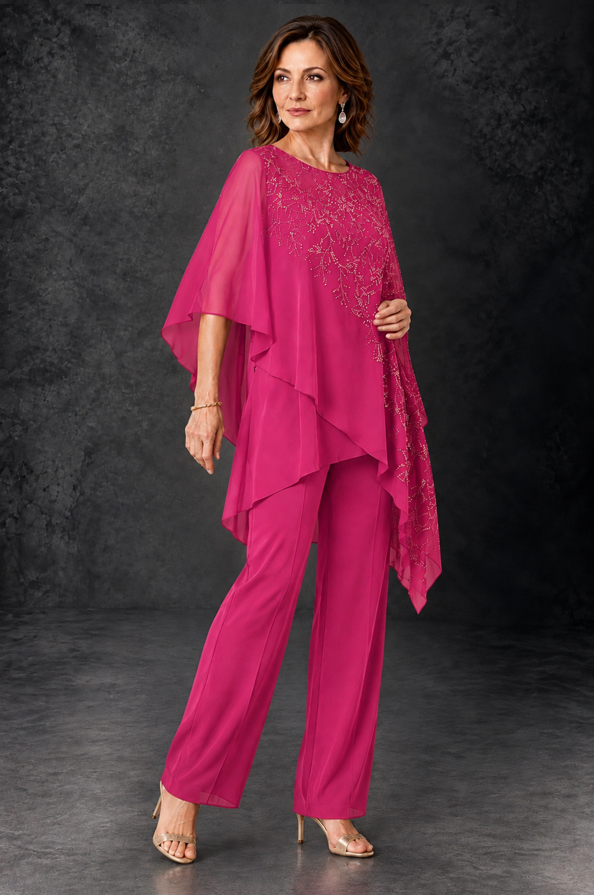 BOLODOO Fuchsia Embellished Cape Pant Suit for Mother of the Bride - Fuchsia - Fuchsia_2