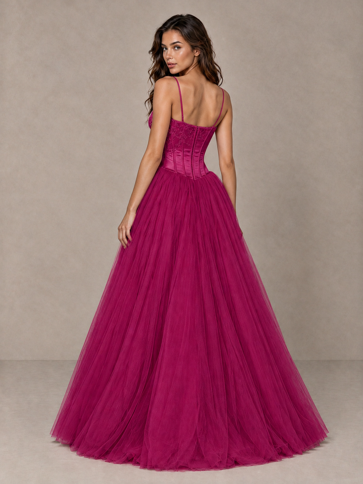 BOLODOO Fuchsia Corset Tulle Prom Dress with Spaghetti Straps - Fuchsia - Fuchsia_2