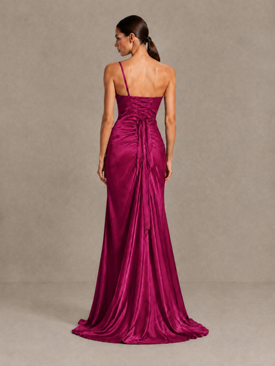 BOLODOO Fuchsia One Shoulder Satin Evening Gown with High Slit and Sweep Train - Fuchsia - Fuchsia_2