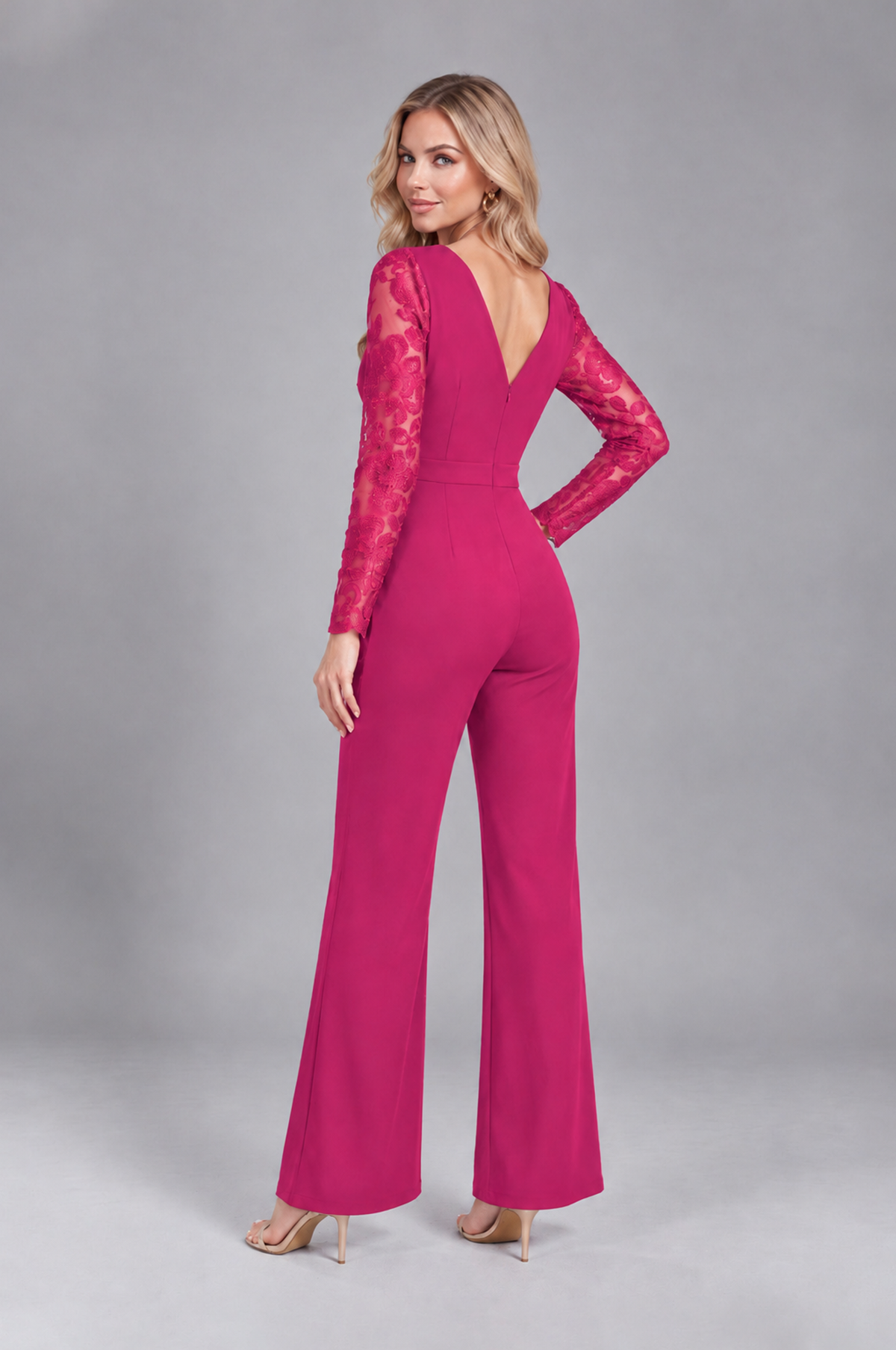 BOLODOO Fuchsia Lace Long-Sleeve V-Neck Mother Pant Suit - Fuchsia - Fuchsia_2