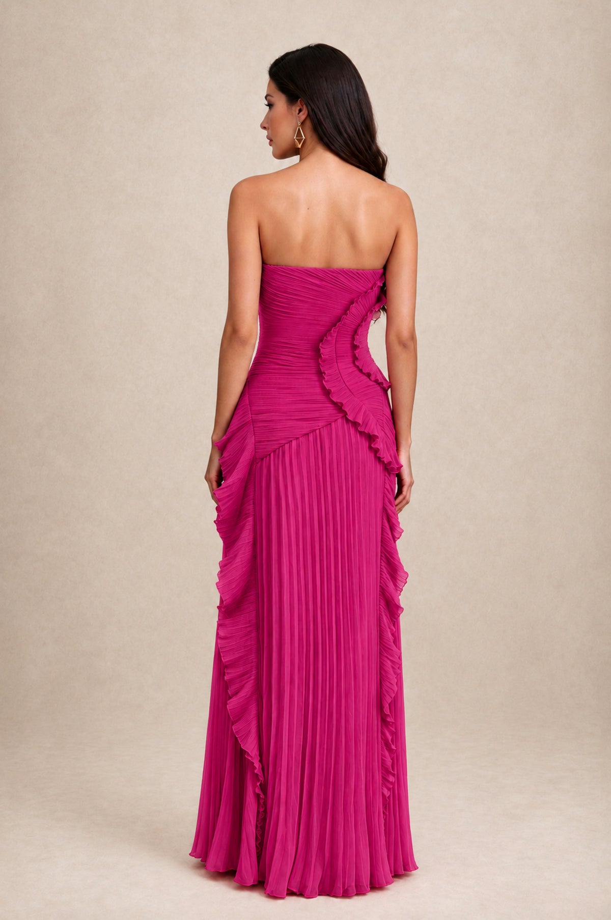BOLODOO Fuchsia Strapless Ruffle Pleated Slit Evening Gown - Fuchsia - Fuchsia_2