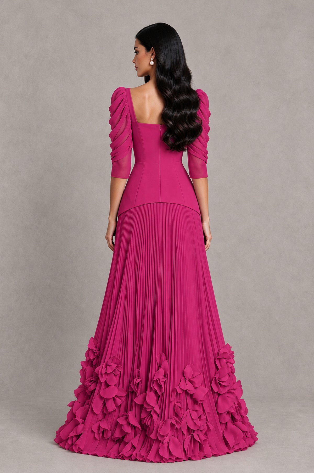 BOLODOO Fuchsia Square Neck Pleated Floral Applique Evening Dress - Fuchsia - Fuchsia_2