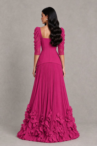 BOLODOO Fuchsia Square Neck Pleated Floral Applique Evening Dress - Fuchsia - Fuchsia_2