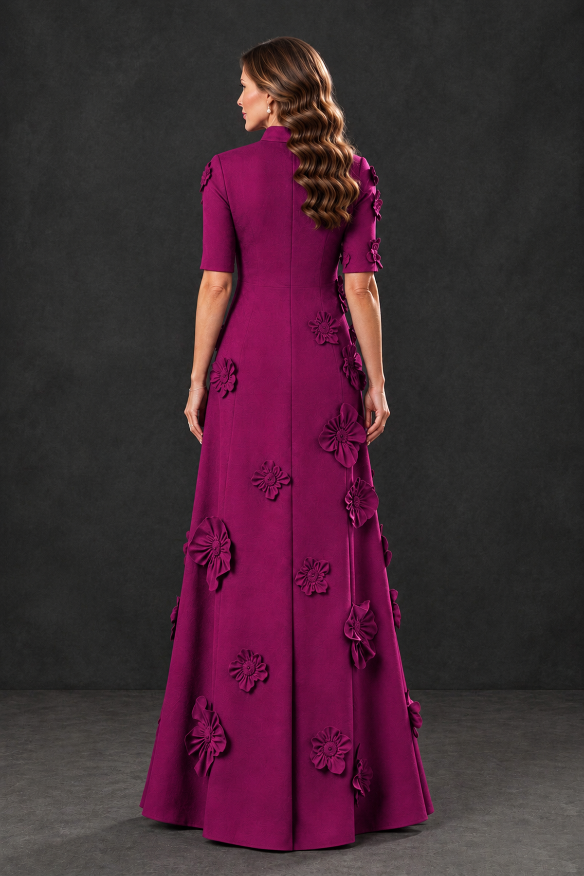 BOLODOO Fuchsia Floral Applique High-Neck Half-Sleeve Gown - Fuchsia - Fuchsia_2