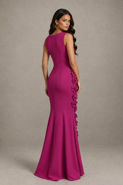 BOLODOO Fuchsia Bateau Neck Sleeveless Asymmetric Peplum 3D Petal Appliqué Mermaid Gown BD0421 - Fuchsia - Fuchsia_2