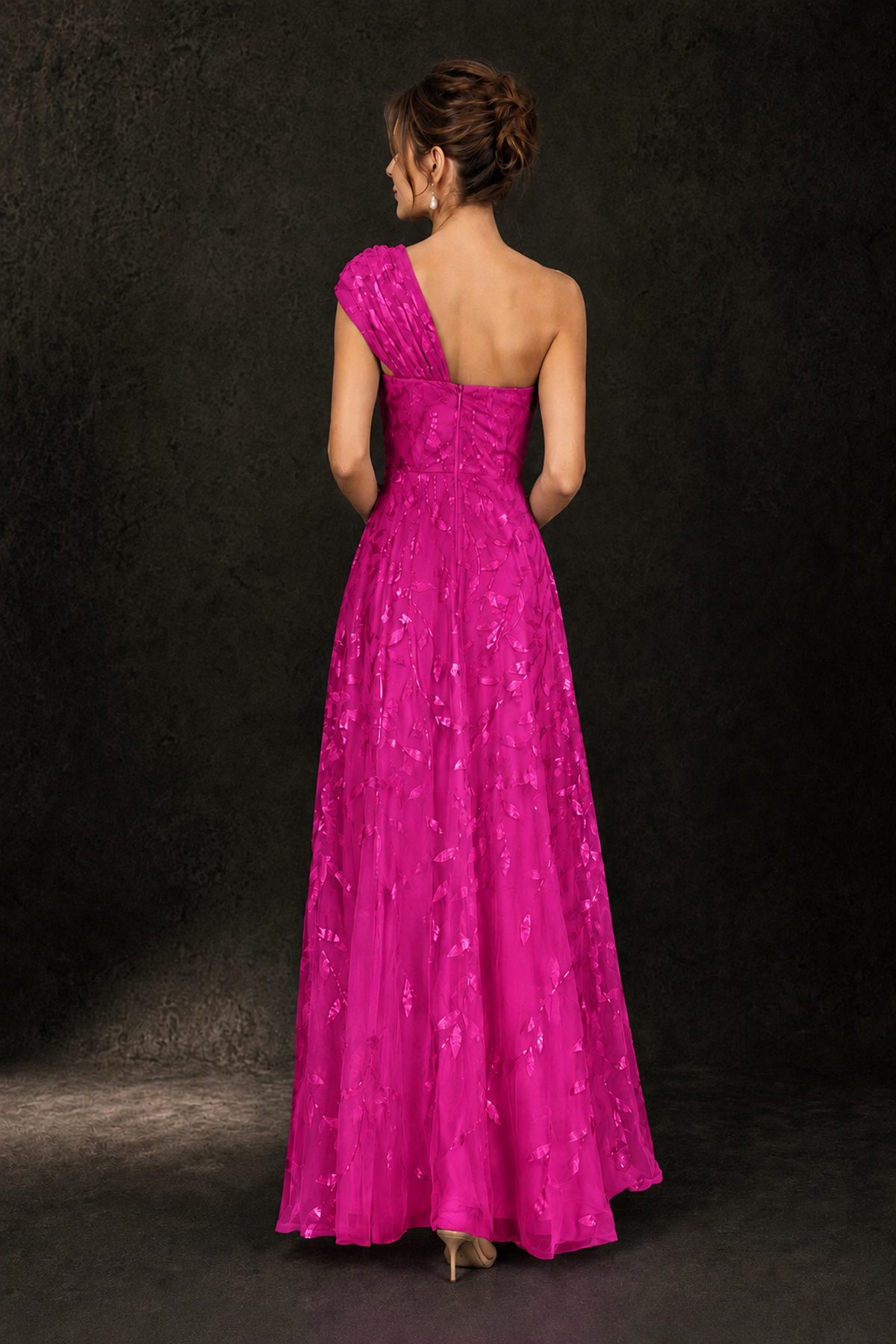 BOLODOO Fuchsia Leaf Sequin One-Shoulder A-Line Maxi Gown – Mother of the Bride & Formal Evening Dress - Fuchsia - Fuchsia_2