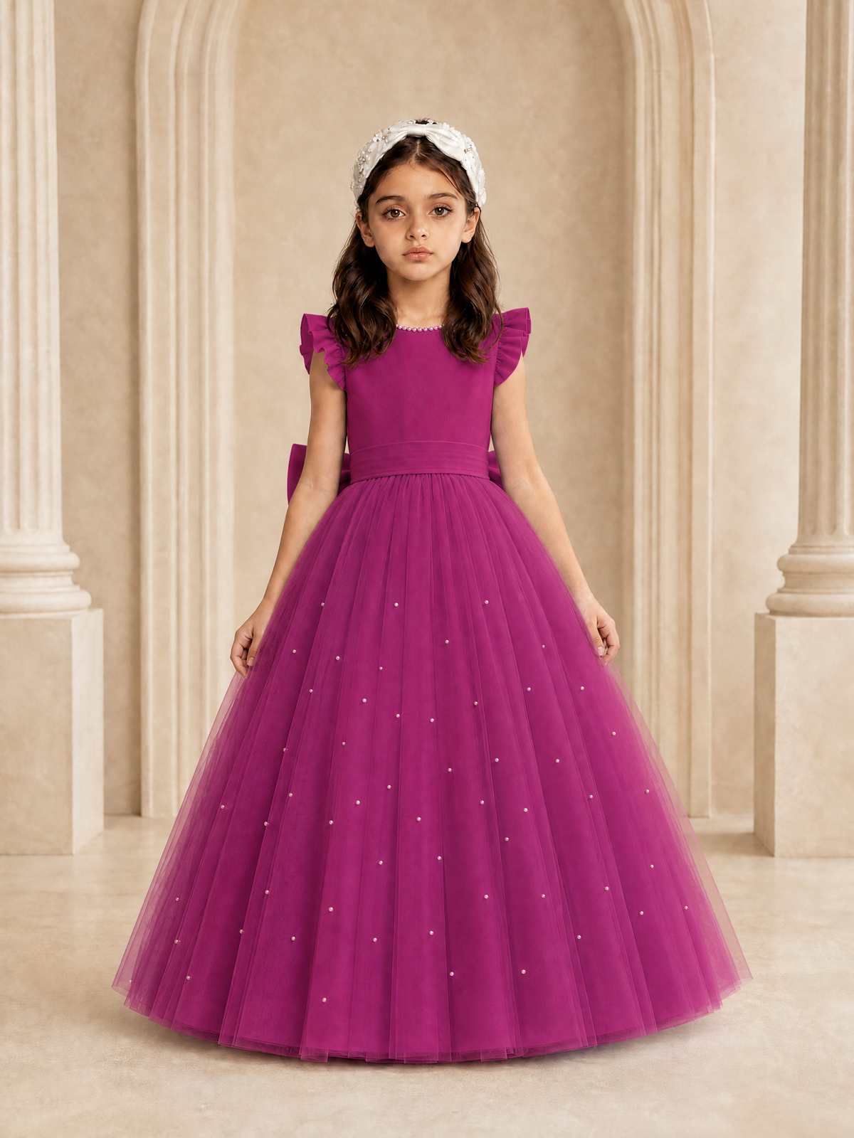 BOLODOO Fuchsia Tulle Flower Girl Dress with Ruffle Sleeves & Bow Back - Fuchsia - Fuchsia_2