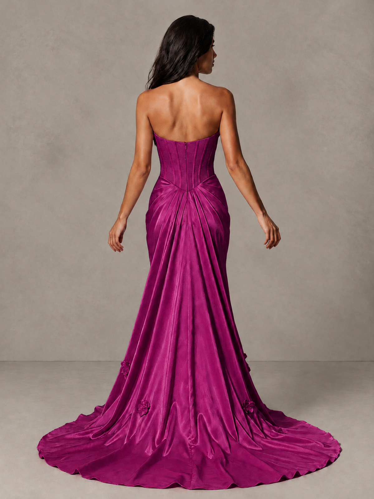 BOLODOO Fuchsia Strapless Floral Corset Evening Gown with Train - Fuchsia - Fuchsia_2