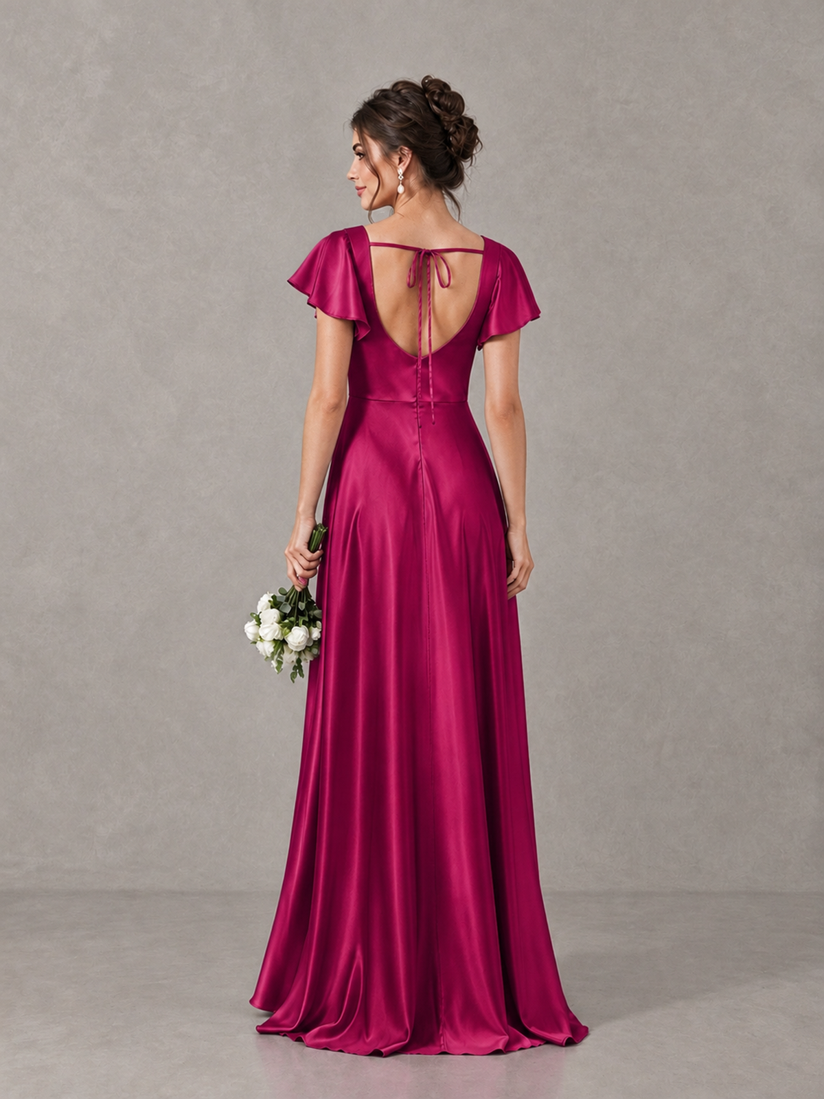 BOLODOO Fuchsia Satin Square Neck Flutter Sleeve A-Line Bridesmaid Dress with Slit - Fuchsia - Fuchsia_2