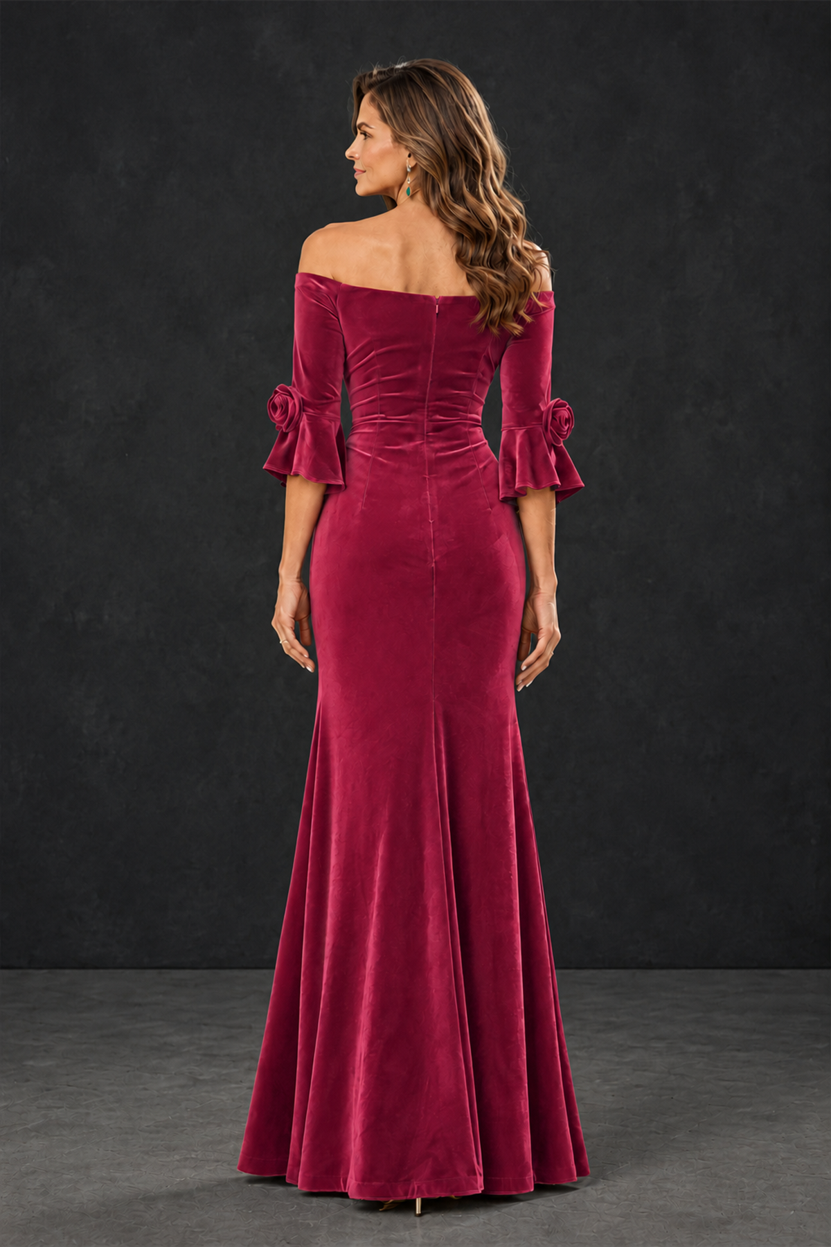 BOLODOO Fuchsia Velvet Mother of the Bride Dress with Rosette Sleeves - Fuchsia - Fuchsia_2