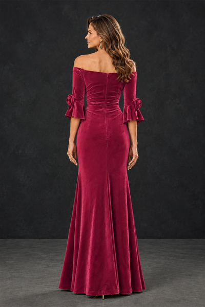 BOLODOO Fuchsia Velvet Mother of the Bride Dress with Rosette Sleeves - Fuchsia - Fuchsia_2