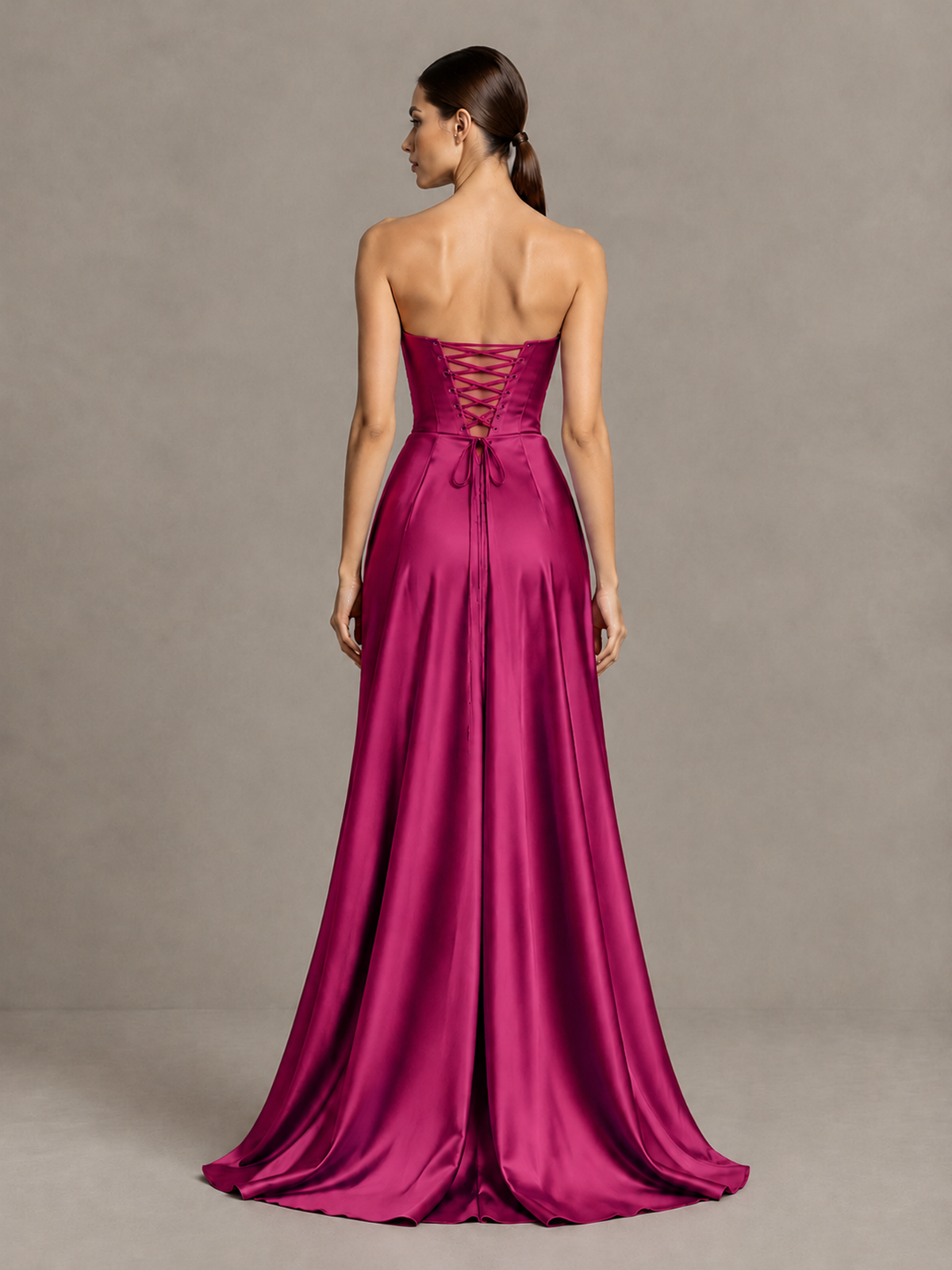 BOLODOO Fuchsia Strapless Satin High-Slit Lace-Up Prom Dress - Fuchsia - Fuchsia_2