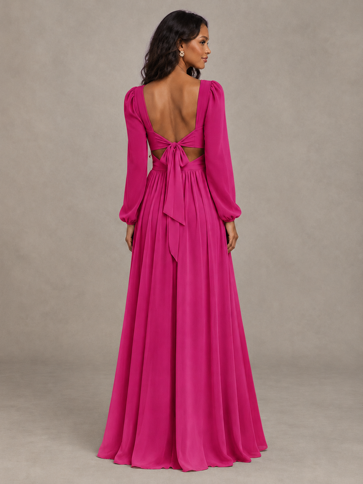 BOLODOO Fuchsia V-Neck Long Sleeve Bridesmaid Dress with Tie Back and Slit - Fuchsia - Fuchsia_2