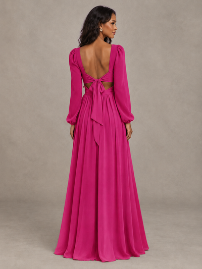 BOLODOO Fuchsia V-Neck Long Sleeve Bridesmaid Dress with Tie Back and Slit - Fuchsia - Fuchsia_2