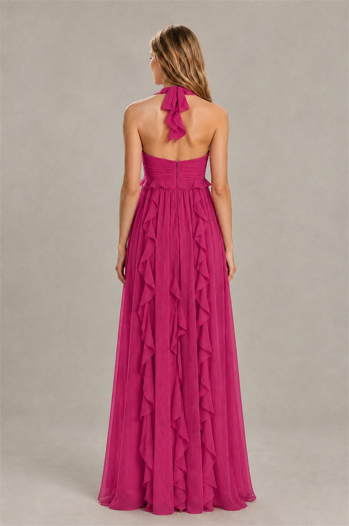 BOLODOO Fuchsia Halter Ruffle A-Line Floor-Length Evening Dress - Fuchsia - Fuchsia_2