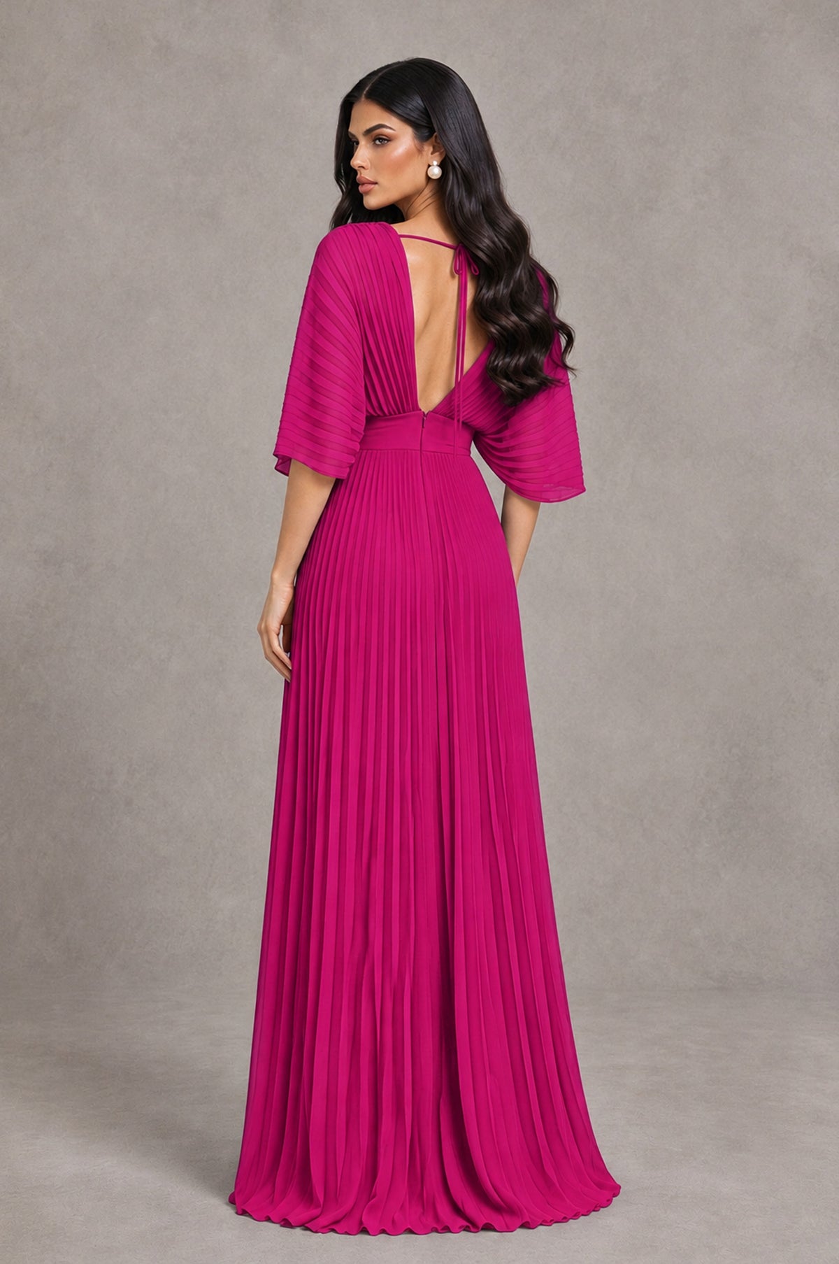 BOLODOO Fuchsia V-Neck Pleated Flutter Sleeve Formal Dress - Fuchsia - Fuchsia_2