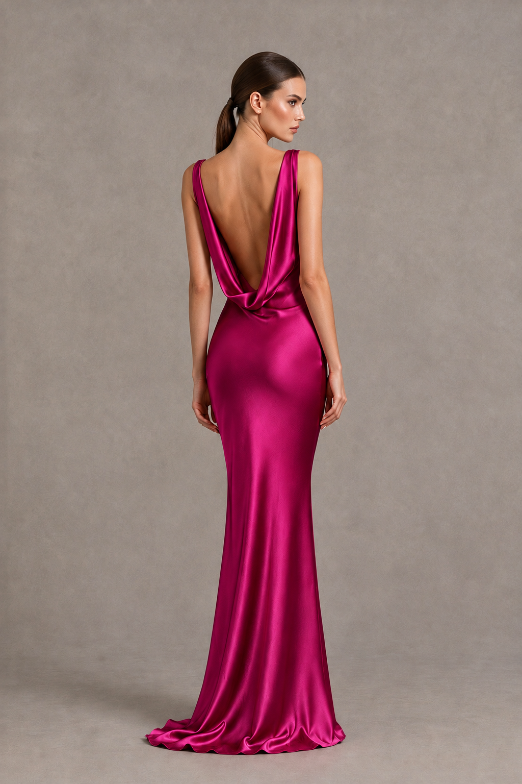 BOLODOO Fuchsia Cowl Neck Backless Satin Mermaid Evening Dress - Fuchsia - Fuchsia_2