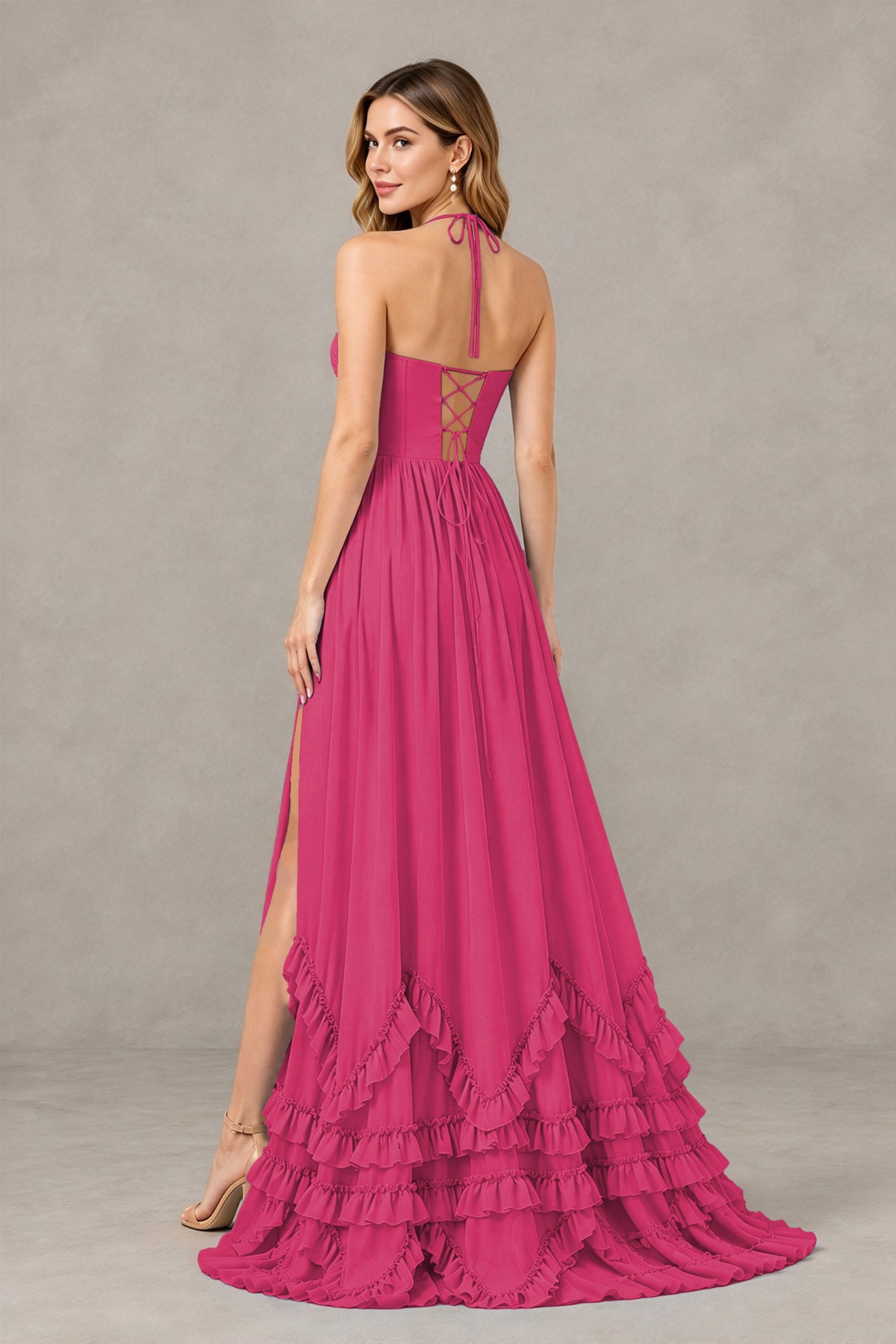 BOLODOO Fuchsia Halter Ruffle Hem A-Line Bridesmaid Dress with High Slit - Fuchsia - Fuchsia(2)