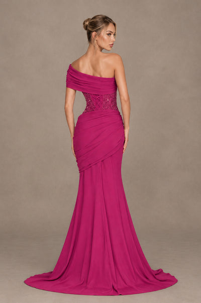BOLODOO Fuchsia One-Shoulder Sequin Embroidered Ruched Mermaid Gown with Train - Fuchsia - Fuchsia_2