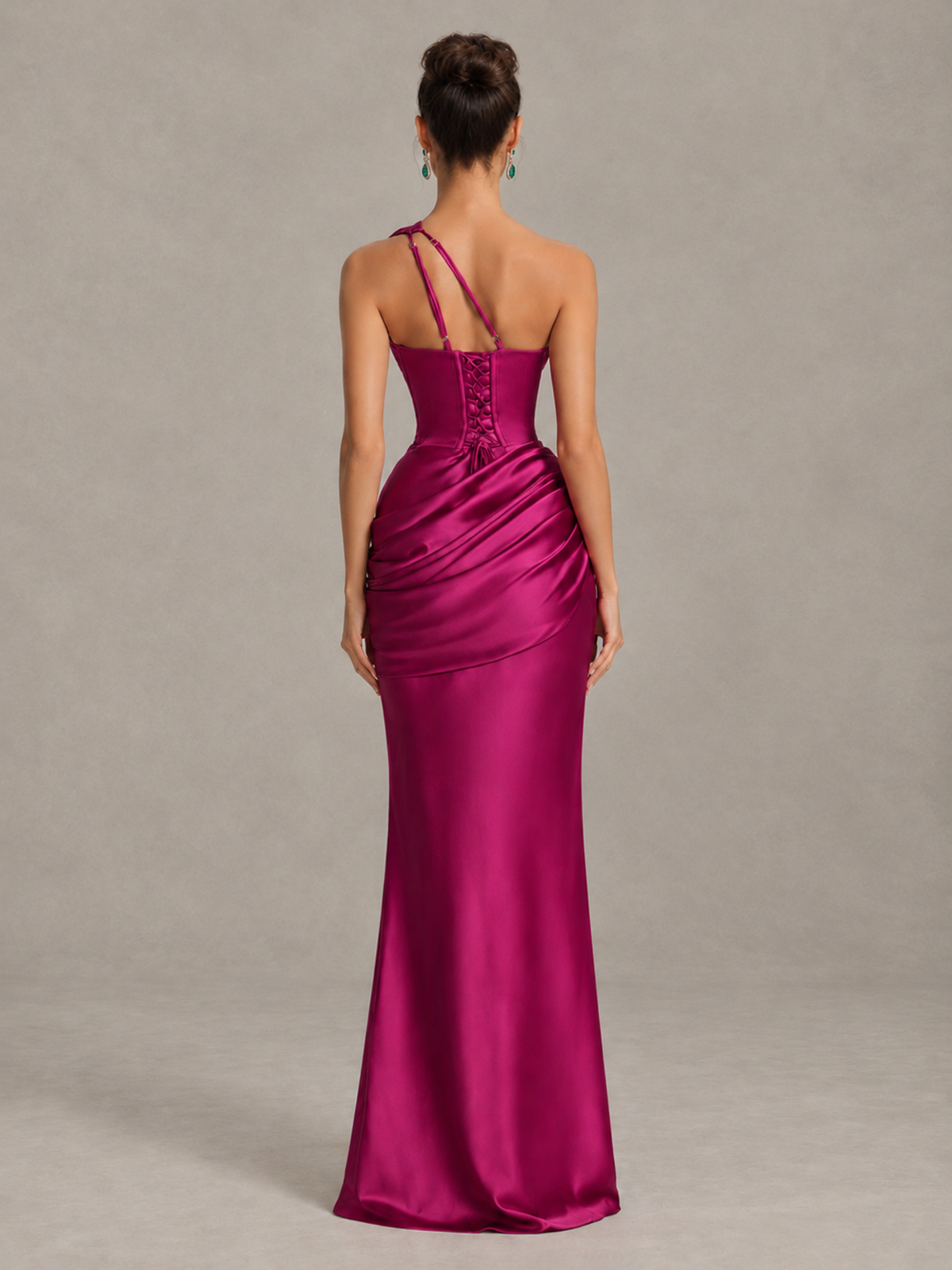 BOLODOO Fuchsia One-Shoulder Cutout Satin Mermaid Prom Dress - Fuchsia - Fuchsia_2