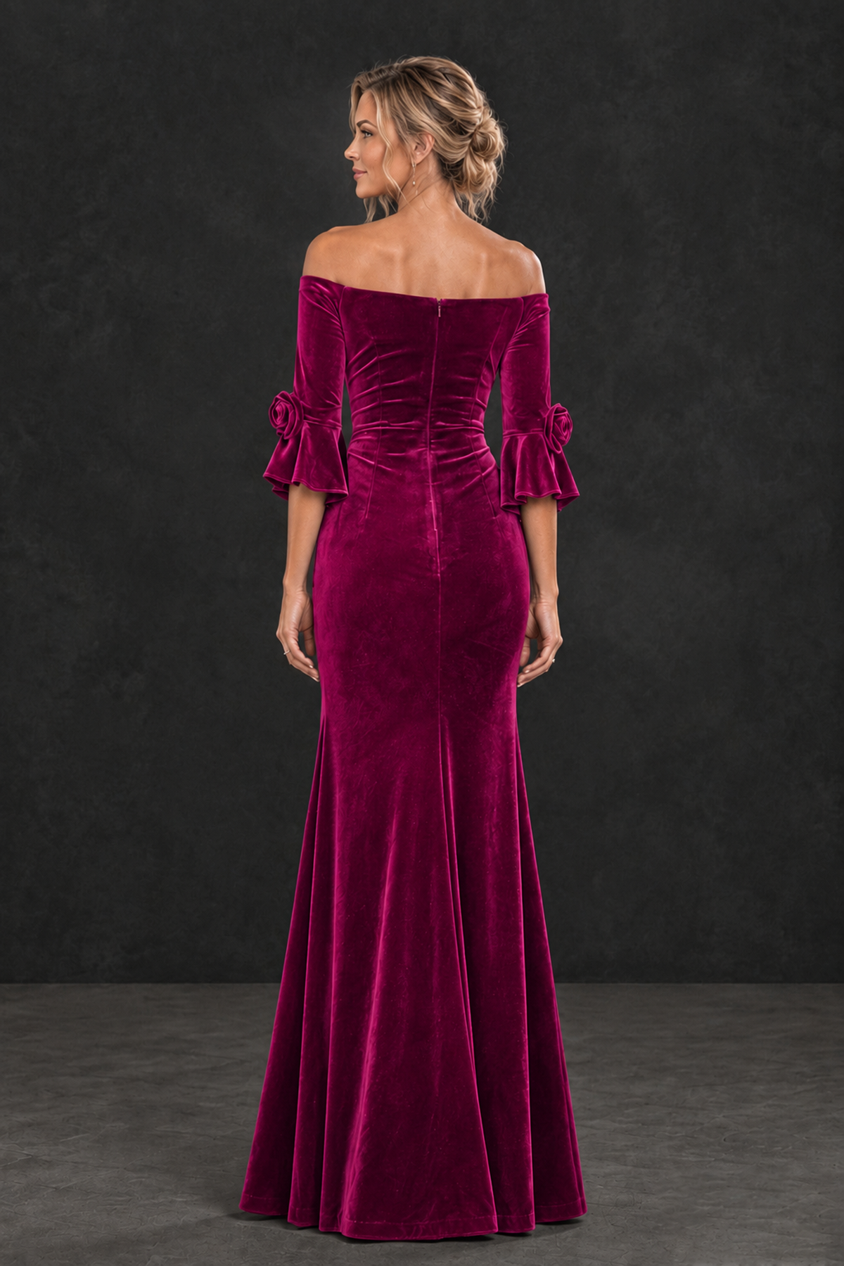 BOLODOO Fuchsia Velvet Off-Shoulder Mother of the Bride Dress – 3/4 Floral Cuff Sleeve Mermaid Evening Gown - Fuchsia - Fuchsia_2