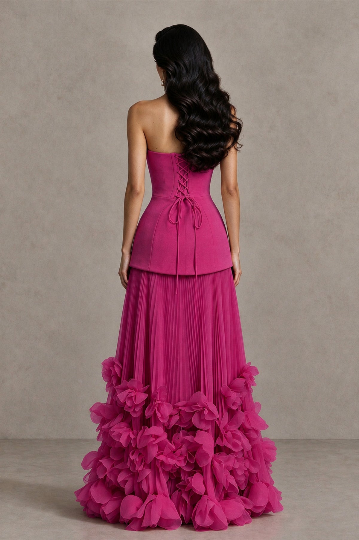 BOLODOO Fuchsia Strapless Pleated Floral Hem Evening Gown - Fuchsia - Fuchsia_2