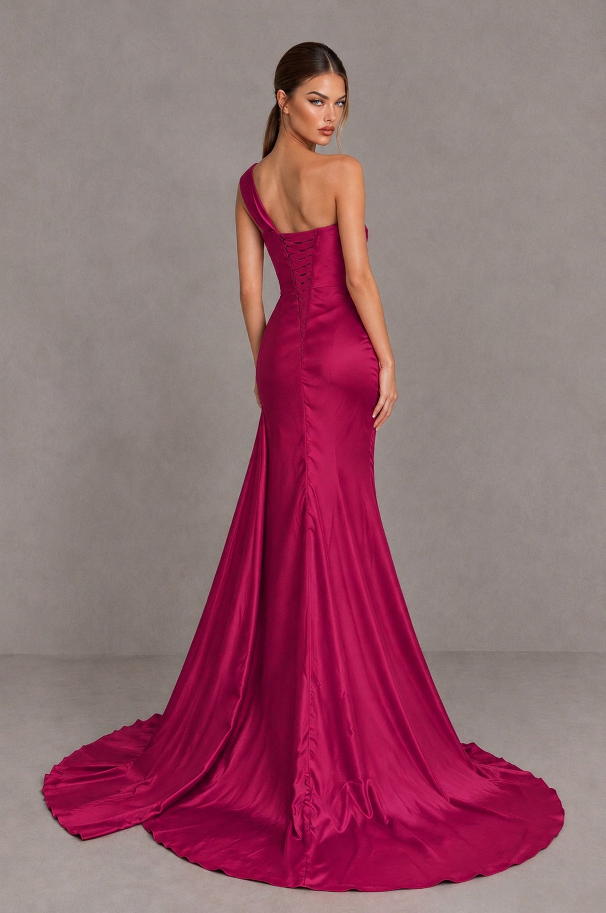 BOLODOO Fuchsia One Shoulder Satin Mermaid Evening Dress with Ruched Slit Skirt - Fuchsia - Fuchsia_2