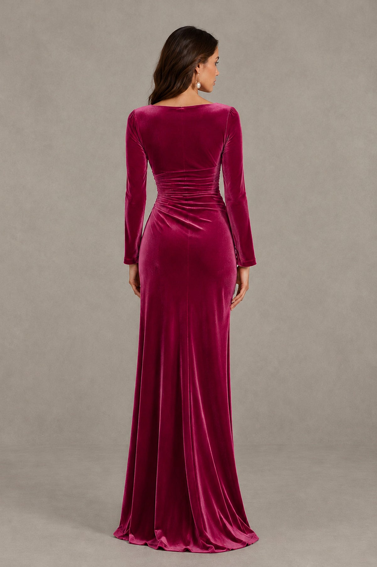 BOLODOO Fuchsia Long Sleeve V-Neck Ruched Velvet Formal Dress - Fuchsia - Fuchsia_2