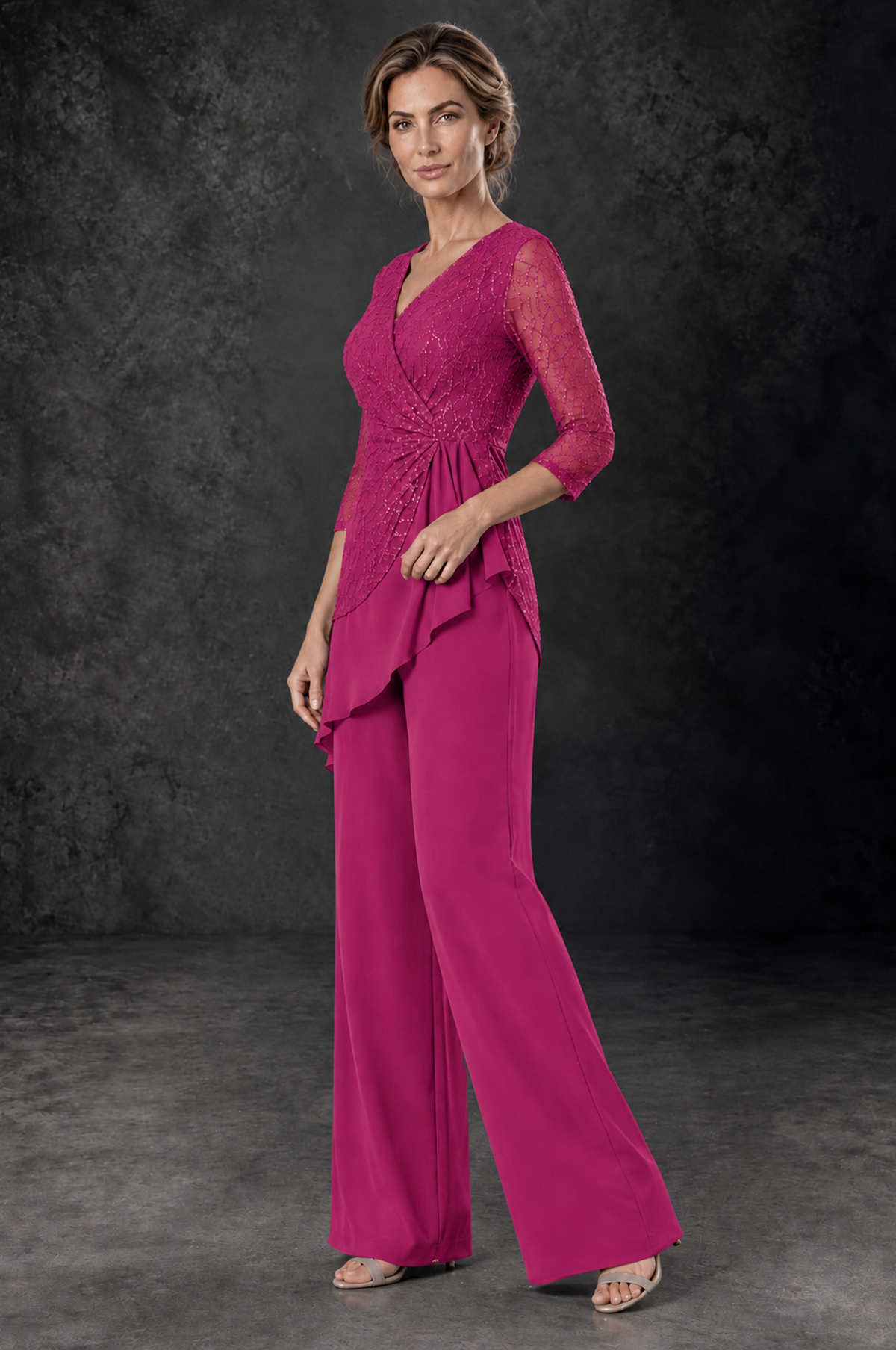 BOLODOO Fuchsia Sequin Lace 3/4 Sleeve Chiffon Mother of the Bride Pant Suit - Fuchsia - Fuchsia_2