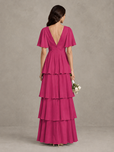 BOLODOO Fuchsia Tiered Flutter Sleeve Bridesmaid Dress - Fuchsia - Fuchsia_2