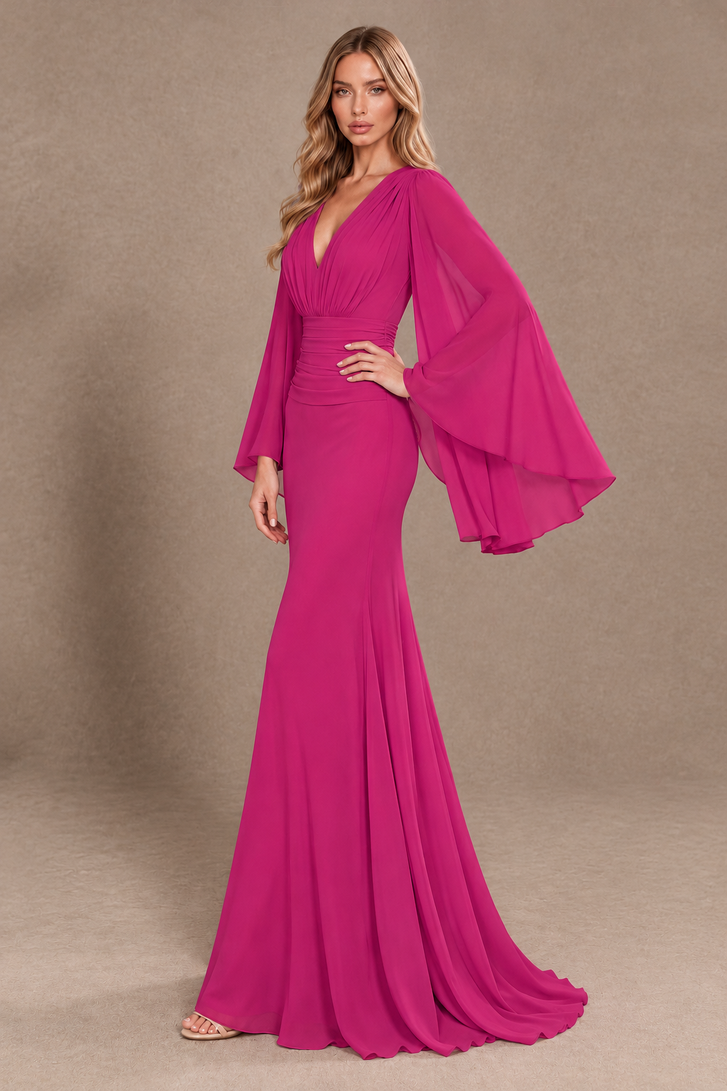 BOLODOO Fuchsia Cape Sleeve V-Neck Ruched Chiffon Evening Dress - Fuchsia - Fuchsia_2