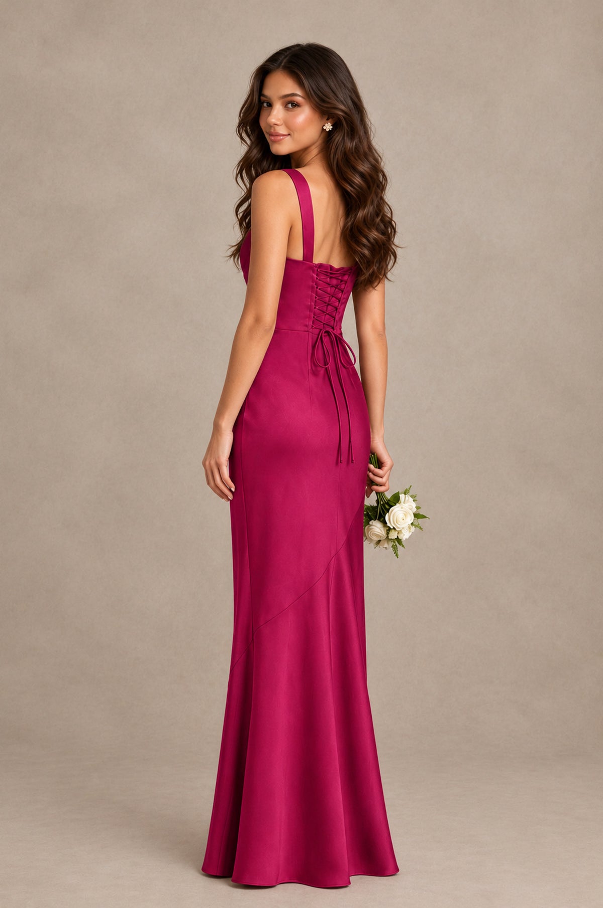 BOLODOO Fuchsia Square Neck Ruched Satin Lace-Up Bridesmaid Dress - Fuchsia - Fuchsia_2