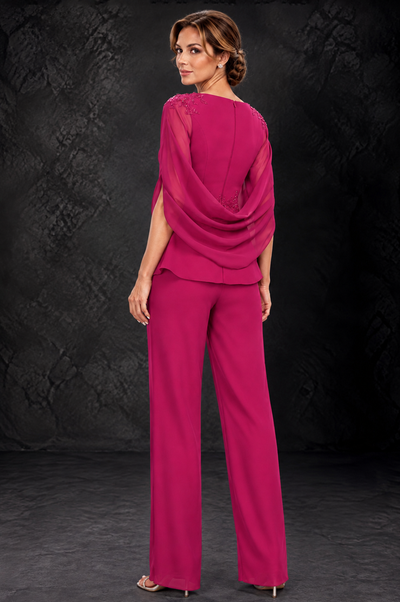 BOLODOO Fuchsia Embellished Cape Sleeve Mother of the Bride Pantsuit - Fuchsia - Fuchsia_2