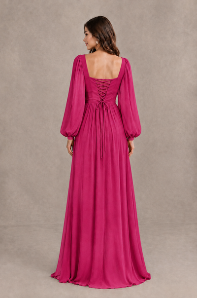 BOLODOO Fuchsia Long Sleeve V-Neck A-Line Bridesmaid Dress - Fuchsia - Fuchsia_2