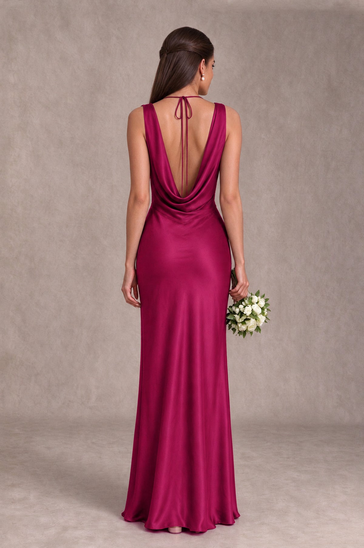 BOLODOO Fuchsia Cowl Neck Open Back Satin Bridesmaid Dress - Fuchsia - Fuchsia_2