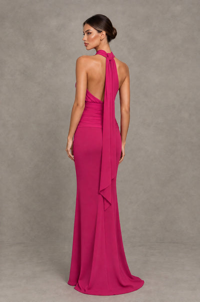 BOLODOO Fuchsia Chiffon Halter Maxi Formal Wedding Guest Dress - Fuchsia - Fuchsia_2