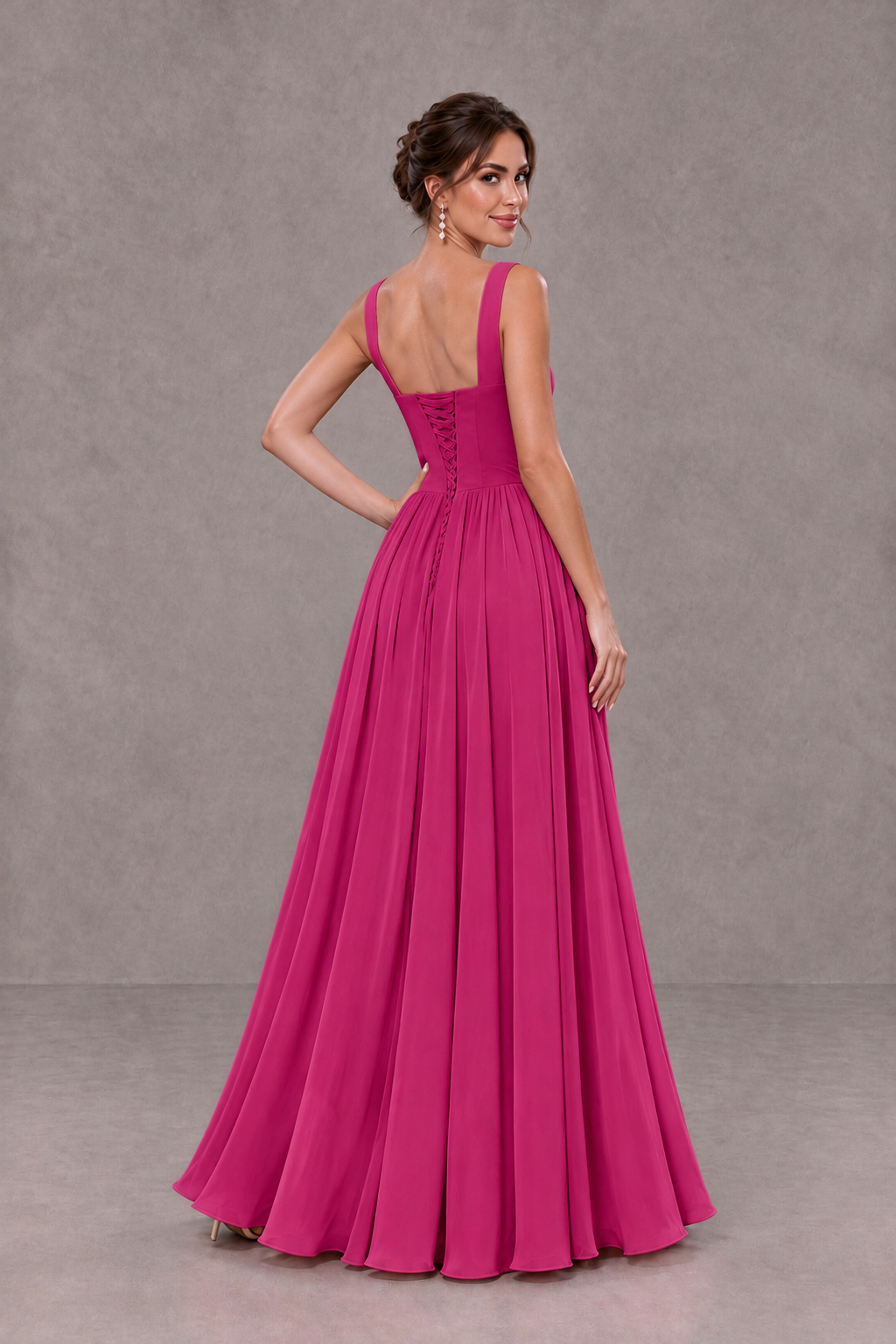 BOLODOO Fuchsia Square Neck A-Line Bridesmaid Dress with Slit - Fuchsia - Fuchsia_2
