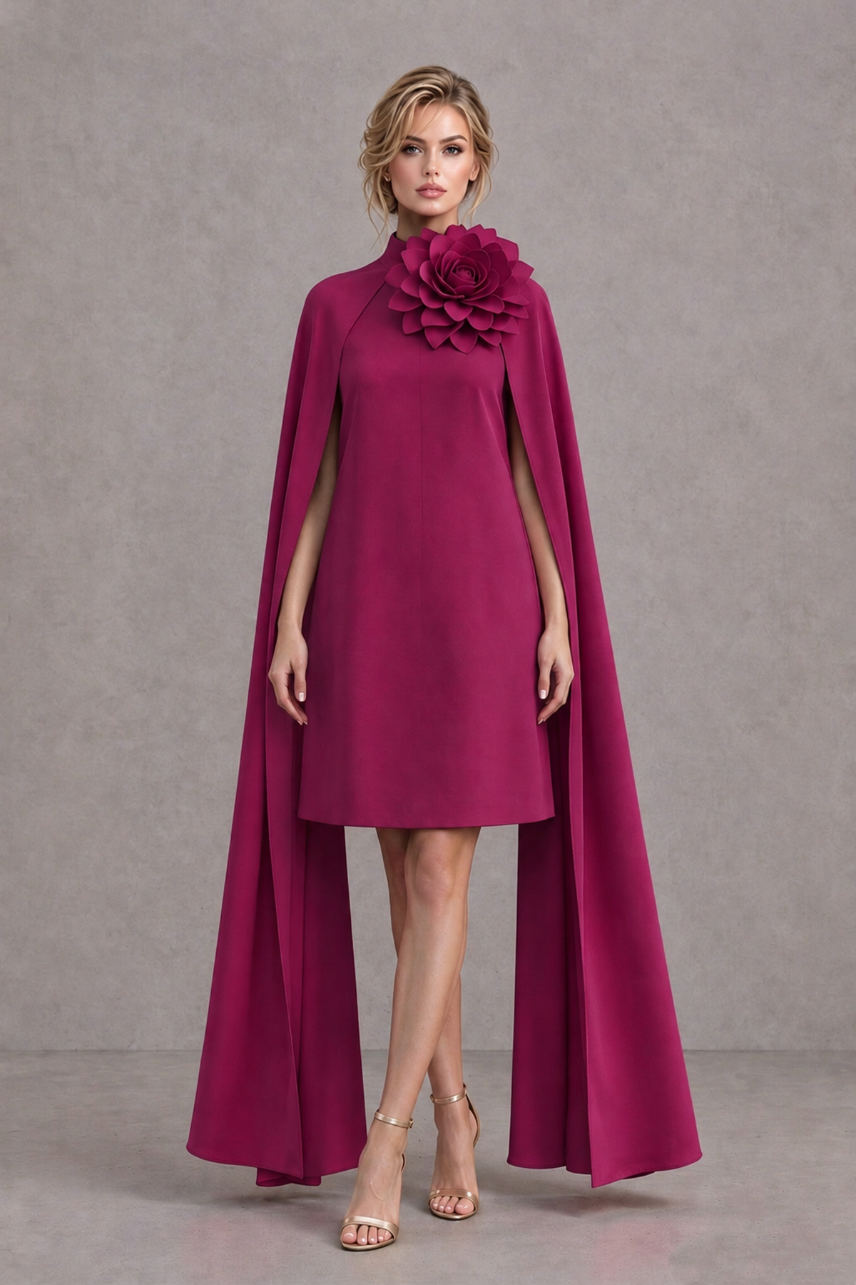 BOLODOO Fuchsia High Neck Floral Cape Mini Cocktail Dress - Fuchsia - Fuchsia_2