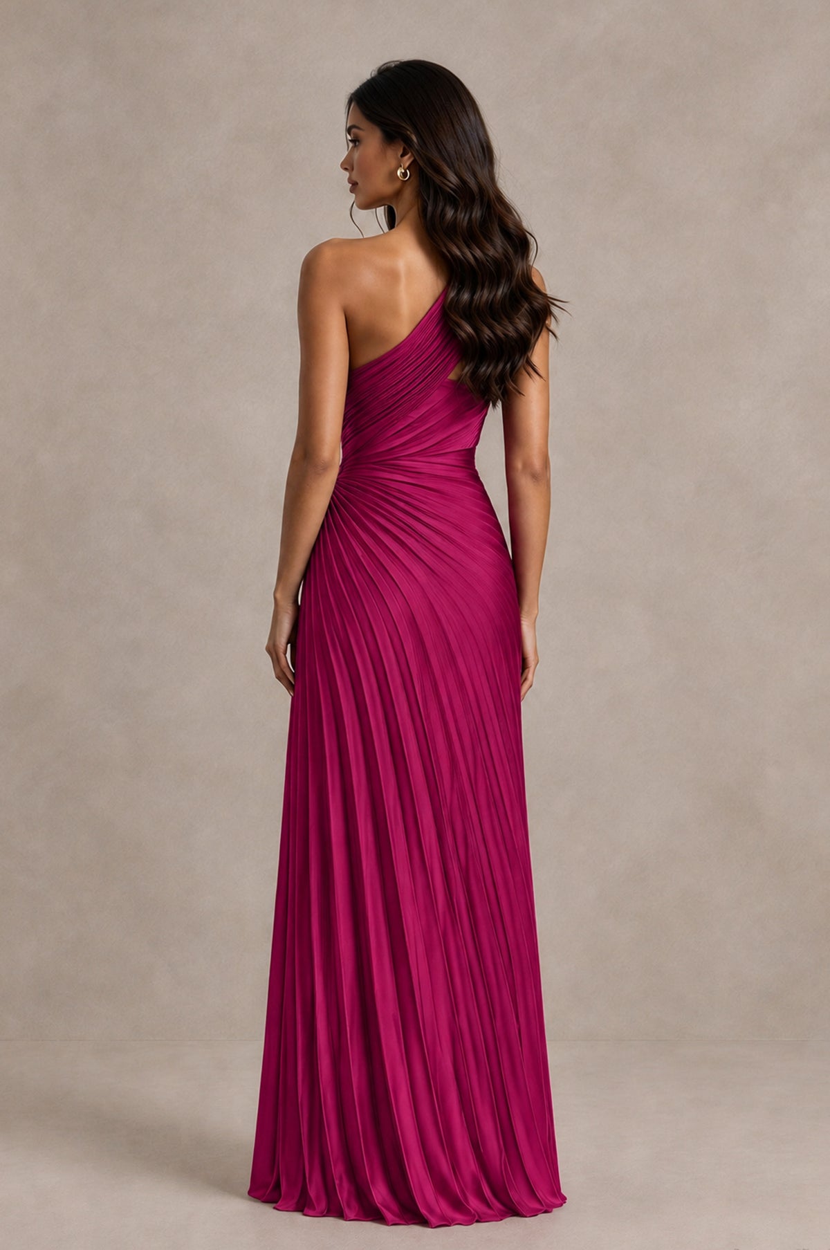 BOLODOO Fuchsia One Shoulder Pleated Evening Dress with Ruched Waist and High Slit - Fuchsia - Fuchsia_2