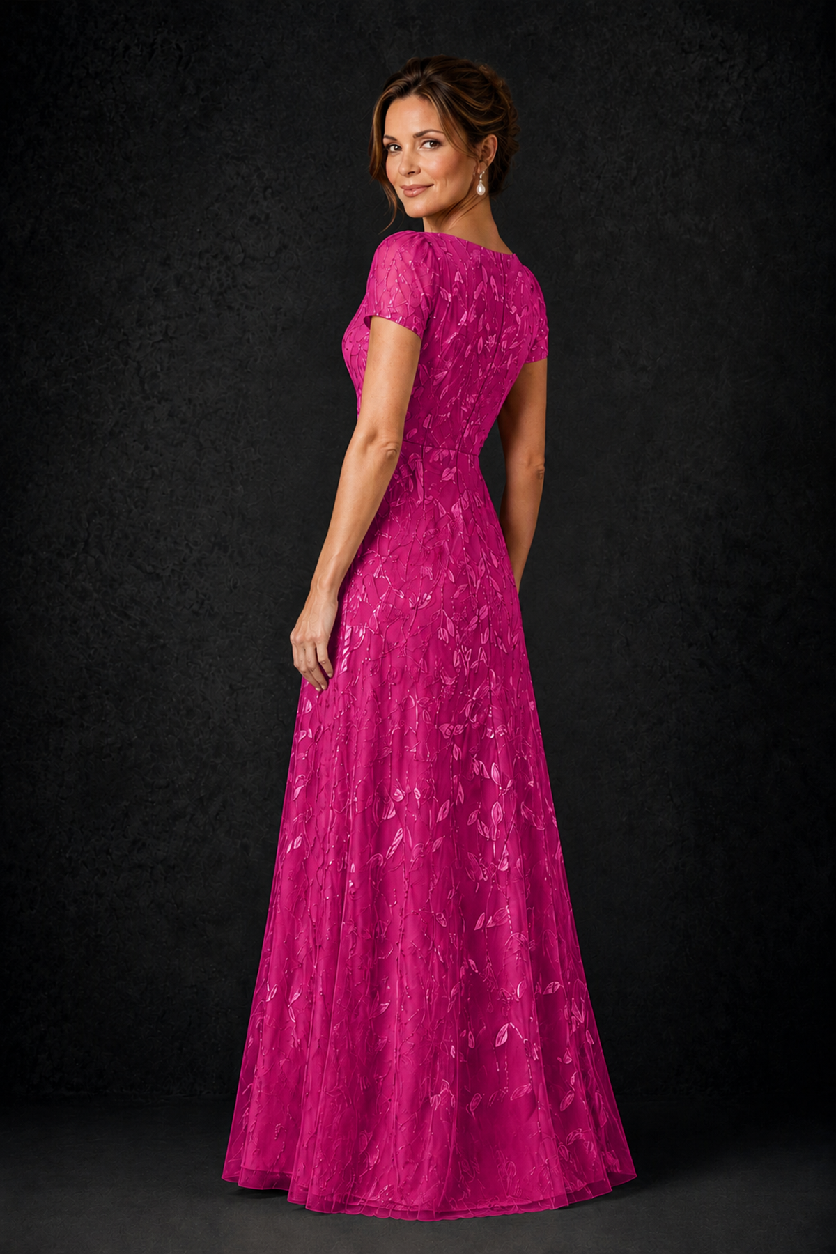 BOLODOO Fuchsia Leaf Embroidered A-Line Formal Gown with Cap Sleeves - Fuchsia - Fuchsia_2