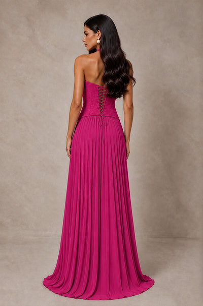 BOLODOO Fuchsia Halter Corset Pleated A-Line Evening Dress - Fuchsia - Fuchsia_2