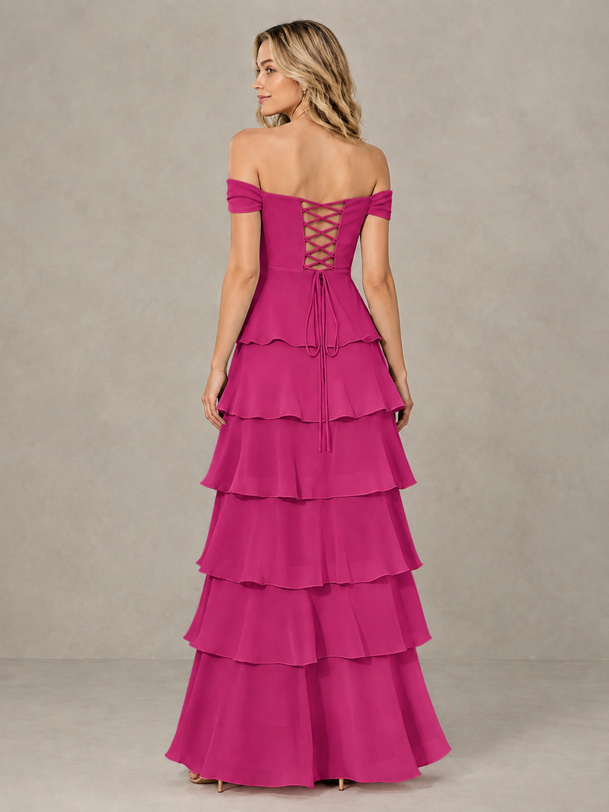 BOLODOO Fuchsia Off-Shoulder Tiered Ruffle Bridesmaid Dress with Lace-Up Back - Fuchsia - Fuchsia_2
