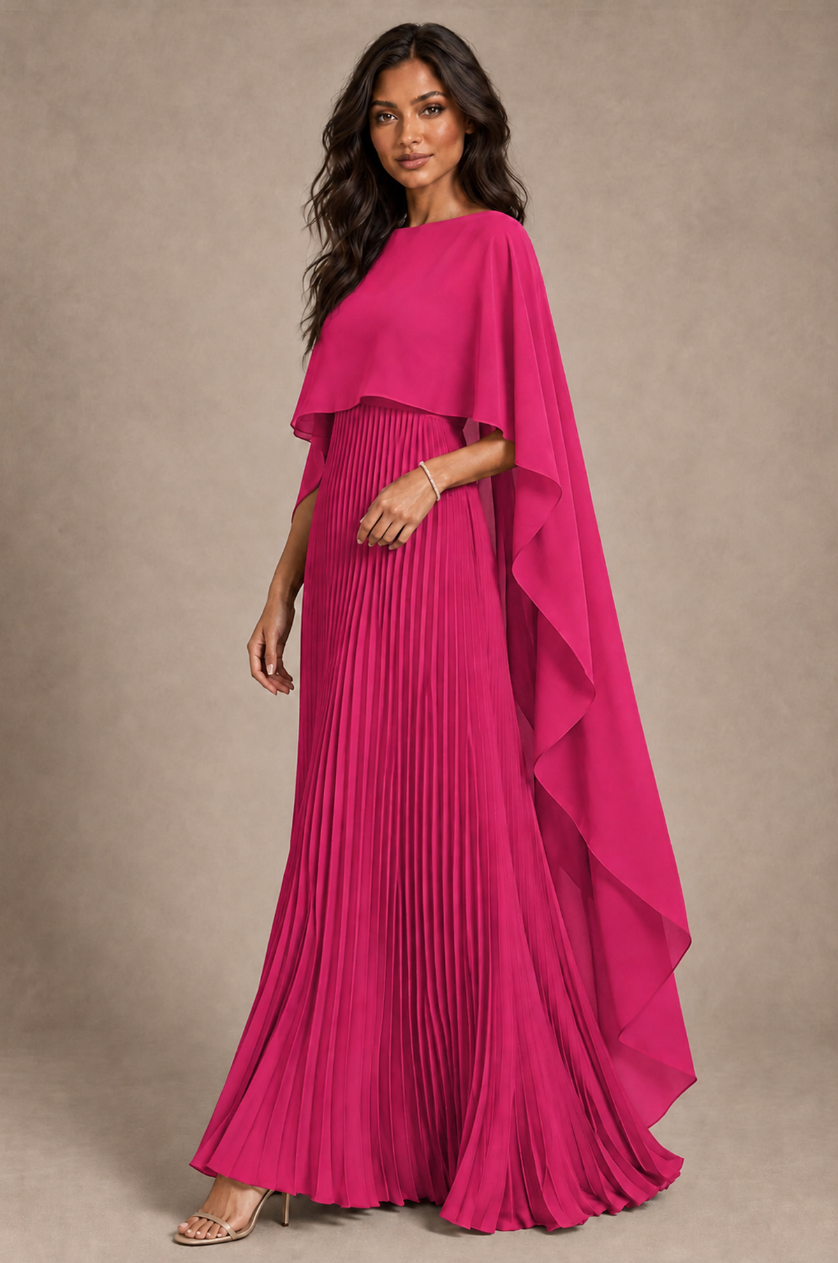 BOLODOO Fuchsia Pleated Cape A-Line Evening Dress - Fuchsia - Fuchsia_2