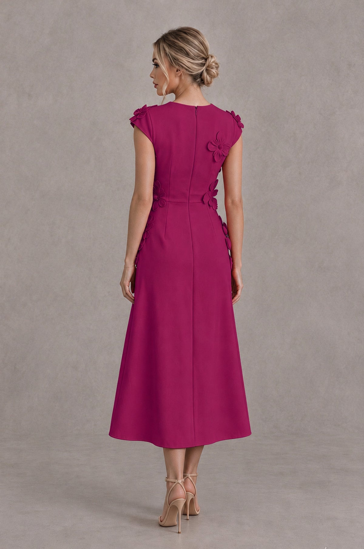 BOLODOO Fuchsia 3D Floral Cap Sleeve Midi Cocktail Dress - Fuchsia - Fuchsia_2